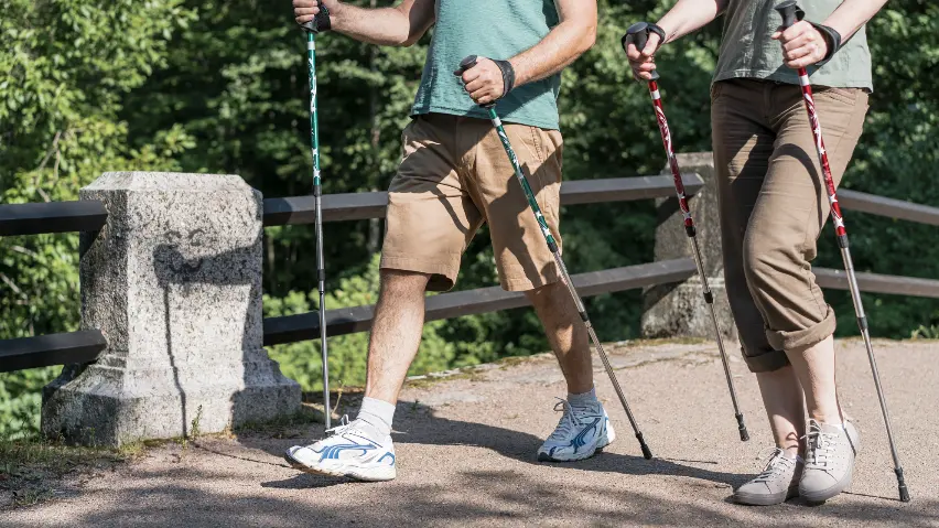 Elderly Couple Using Trekking Poles Cropped