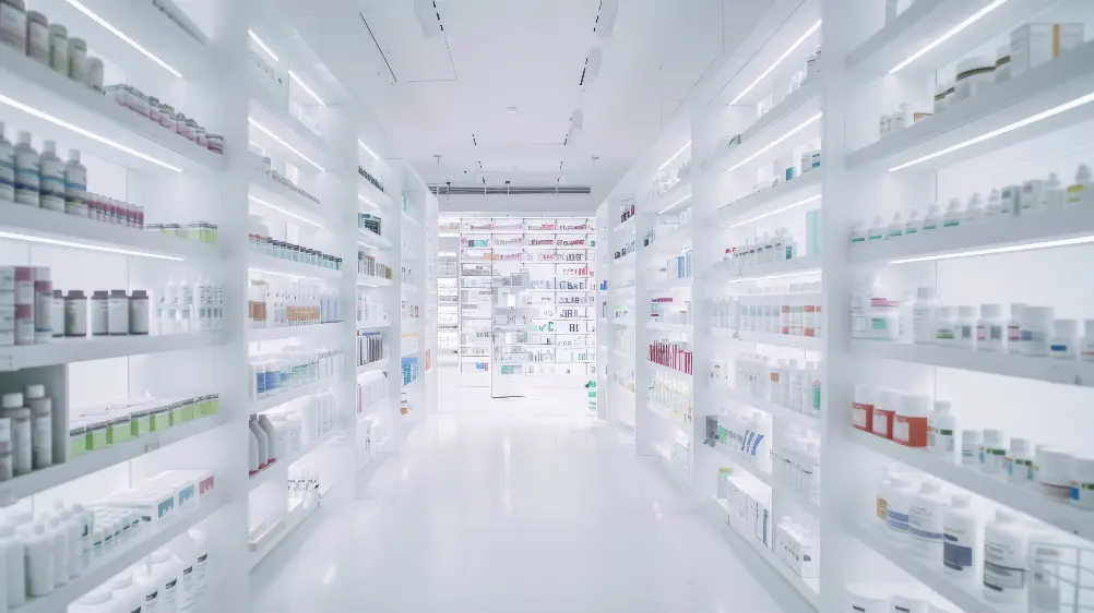 Pristine Bright Pharmacy Interior With Rows Neatly Arranged Medicinal Products White Shelves Enveloped Clinical Ambiance Cropped